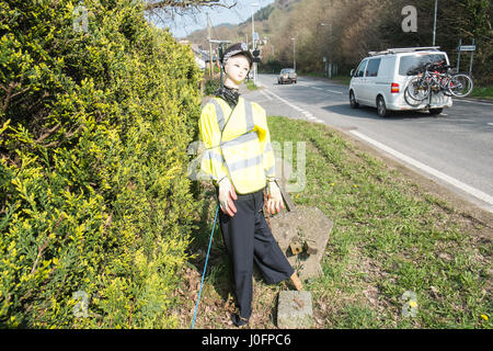 Fälschung, Weiblich, Frau, Polizei, Offizier, Puppe, Puppe, im Dorf von Tre Taliesin, zu ermutigen, Autofahrer, Fahrer, zu langsam, nach unten, onA487, Road, Ceredigion, Wales, Stockfoto