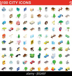 100 Symbole Stadtset, isometrischen 3d Stil Stock Vektor