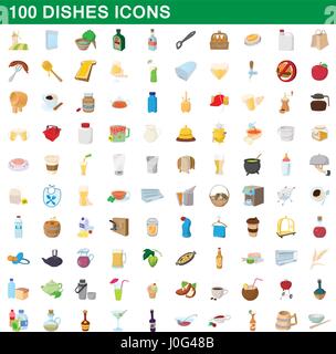 100 Gerichte Icons set, cartoon-Stil Stock Vektor