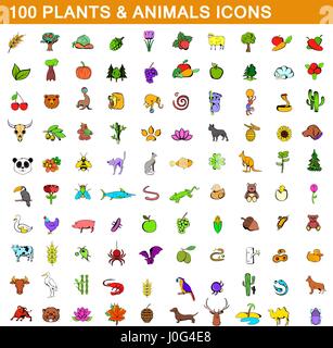 100 Pflanzen und Tiere Icons set, cartoon-Stil Stock Vektor