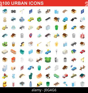 100 städtische Icons Set, isometrischen 3d Stil Stock Vektor