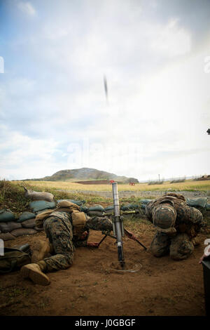 MARINE CORPS BASE HAWAII-Marines vorübergehend zugewiesen, Hawaii Ablösung, Advanced Training Infanteriebataillon, Schule der Infanterie-West, Feuer eine 60mm Mörser Leuchtensystem während der Infanterie Marine Fortgeschrittenenkurs in Kaneohe Bay Bereich Ausbildungsstätte an Bord der Marine Corps Base Hawaii, 31. März 2017. Die AIMC ist ein sieben Wochen erweiterte Infanterie militärische occupational Specialty Kurs für Marines Ausbildung zum Gruppenführer. Das Training beinhaltet Vorlesungen, Reichweiten und Praxisübungen. (Foto: U.S. Marine Corps CPL. Jesus Sepulveda Torres) Stockfoto