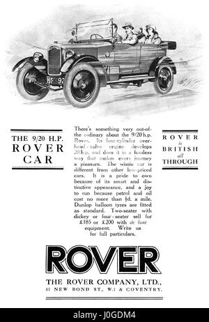 1925 britische Werbung für 9/20 PS Rover Auto. Stockfoto