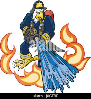 Cartoon Clip Art Vektorgrafik von harten mittleren Weißkopfseeadler Feuerwehrmann Maskottchen in Uniform Aufsprühen von Wasser auf Feuer oder Flammen mit einem Schlauch. Stock Vektor