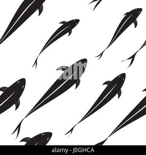 Hintergrundmuster der Schwarze Fische Silhouetten in den Tiefen des Ozeans. Draufsicht auf den Rücken. Stock Vektor