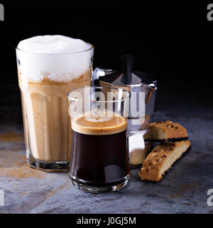 Kaffee Latte, schwarz Espresso und Kaffee nach Wiener Art Stockfoto