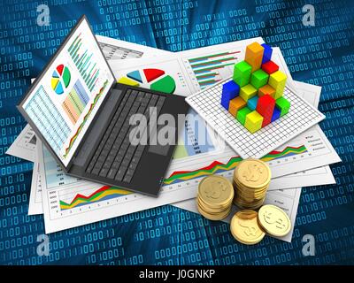 3D Abbildung von Geschäftsdokumenten und PC über digitale Hintergrund mit Grafik Stockfoto