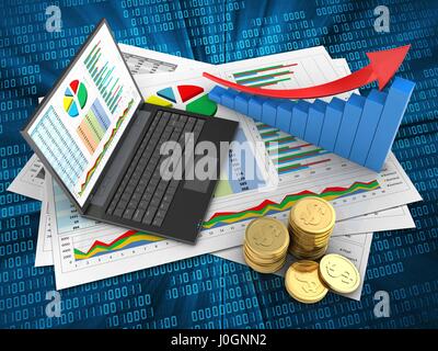 3D Abbildung von Geschäftsdokumenten und PC über digitale Hintergrund mit Pfeil Diagramm Stockfoto