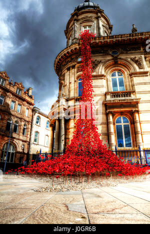 Weinend Fenster im Rumpf Kaskade von Mohnblumen auf das Maritime Museum im Stadtzentrum von Hull Kingston nach Rumpf UK England Rumpf Hull City Center Mohn Kunst Stockfoto