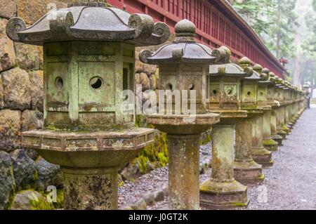 Stein-Laternen auf der Seite Geschichtliches, die den Weg zum Futarasan-Schrein in Nikko, Tochigi, Japan Stockfoto