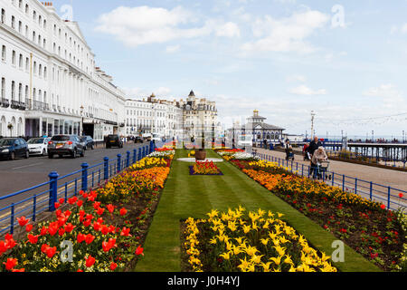 Eastbourne, Großbritannien. April 2017. Wetter in Großbritannien. Die Menschen bewundern die Blumen in Carpet Gardens an einem hellen, aber bewölkten Morgen in Eastbourne, East Sussex, UK Credit: Ed Brown/Alamy Live News Stockfoto