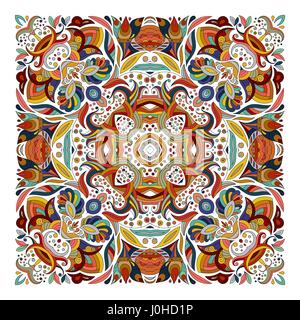 Design für quadratische Tasche, Schal, Textil, Kissen. Vektor Blumenmuster. Blau braun rot östlichen Ornament auf weißem Hintergrund. Batik Stock Vektor