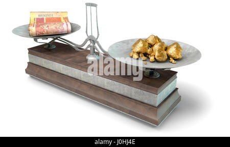 Ein altes Metall und Holz, zwei schwenken Gleichgewicht Skala Vergleich einen Haufen südafrikanischer Rand Notizen und ein Haufen von gold-Nuggets auf einem isolierten weißen Hintergrund - Stockfoto