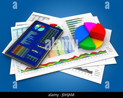 3D Abbildung von Geschäftsdokumenten und Tablet auf blauem Hintergrund mit Kreisdiagramm Stockfoto