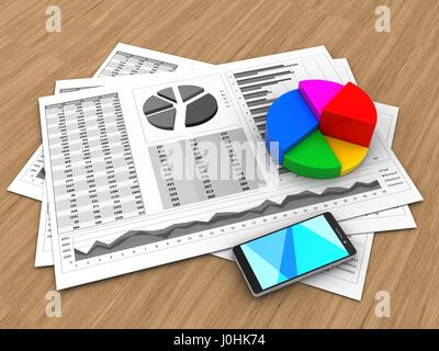 3D Darstellung der Diagramme und Kreisdiagramm über Holz Hintergrund Stockfoto