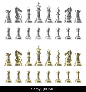 Gold und Silber Set von Icons für Schach, auf weißem Hintergrund, intelligentes Spiel, 3D-Rendering Stockfoto