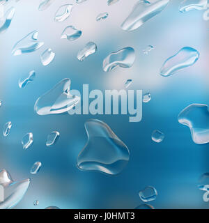 Wasser Tropfen Regen auf blauem Glas Hintergrund, Natur Hintergrund. 3D-Rendering Stockfoto