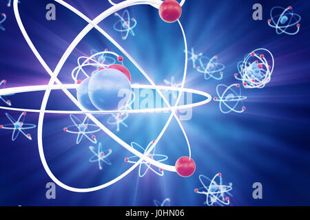 Abstrakte Atom Hintergrund, Chemie-Modell des Moleküls. Atome und Elektronen. Physik-Konzept, 3D-Rendering. Stockfoto