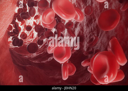 Roten Blutkörperchen in Vene oder Arterie, fließen innerhalb innerhalb eines Lebewesens, 3D-Rendering Stockfoto