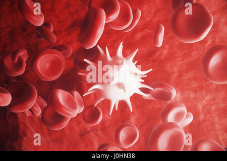 Weißen Blutkörperchen zwischen roten Blutkörperchen, Fluss Insice Arterie oder Vene, 3D-Rendering Stockfoto