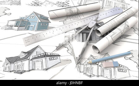 Draufsicht der architektonischen Entwürfe, Zeichnungen und Skizzen. Brötchen, Lineal, Bleistift, Radiergummi und Teiler der metal.3D gerendert. Stockfoto