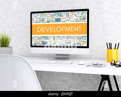 3D Illustration. Moderner Arbeitsplatz und Computer mit Word Entwicklung. Technologie- und Business-Konzept. Stockfoto