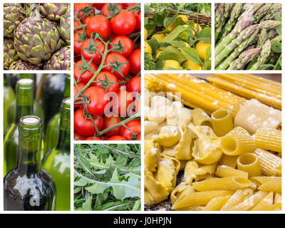 Collage mit Pasta, Wein und Gemüse Stockfoto