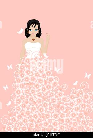 Mädchen in einem Blumenkleid auf rosa Hintergrund Stock Vektor