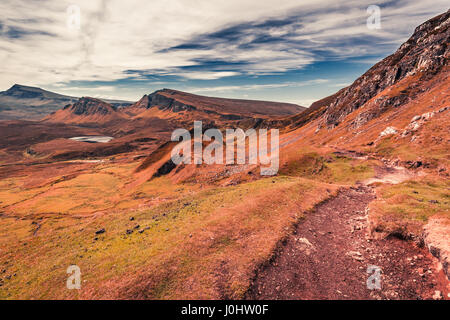 Herrliche Aussicht von Quiraing Valley in Schottland, Großbritannien Stockfoto