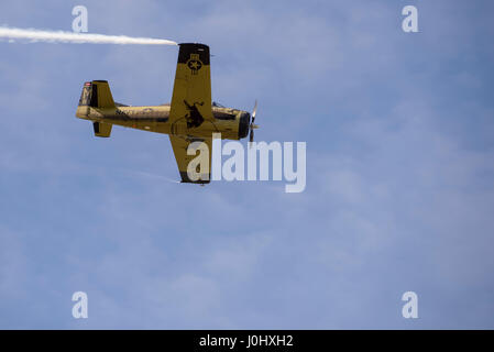 Maribor, Slowenien - 7. April 2017: North American T-28 Trojan des Red Bull display Team der Flying Bulls Kunstflug bei jährlichen Schulungen durchführen Stockfoto