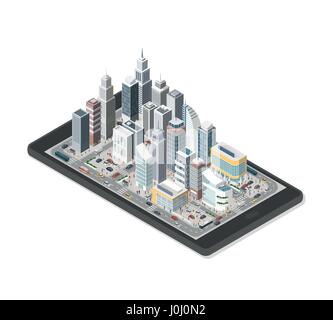 Zeitgenössische isometrische smart-City auf einem digitalen Tablet mit Wolkenkratzern, Personen und Fahrzeugen auf weißem Hintergrund Stock Vektor