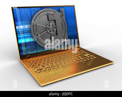 3D Abbildung des gold modernen Laptop mit Bluescreen Stockfoto
