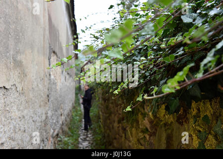 Schmale Dorf Gasse mit Steinmauern mit Pflanzen bewachsen. Ruelle Stockfoto