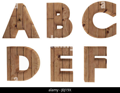 hölzerne Alphabet Buchstaben englischer Sprache A B C D E F in 3D Bild rendern Stockfoto