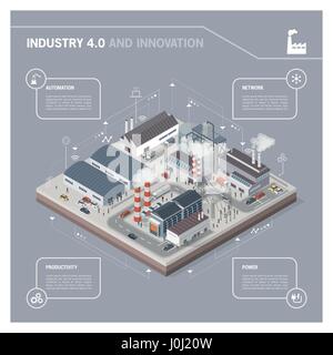 Isometrische zeitgenössische Industriepark mit Fabriken, Kraftwerke, Arbeiter und Transport: Industrie 4.0 Infografik Stock Vektor