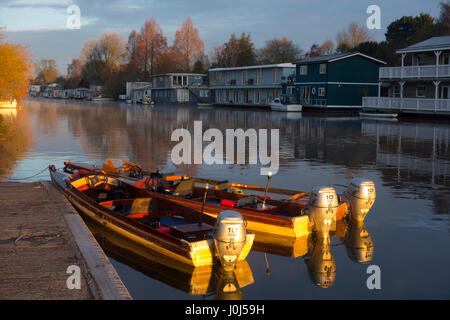 Großbritannien, England, Surrey, Fluss Molesey Sonnenaufgang Boote Stockfoto