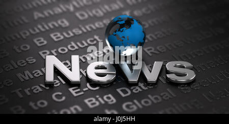 3D Darstellung eines Globus und die Wort-Nachrichten über schwarzen Hintergrund. Geschäft. Internationale Medien-Konzept. Stockfoto