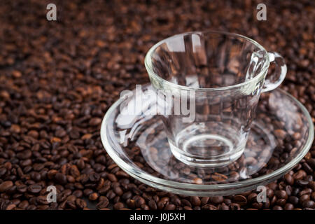 Leeres Glastasse auf Kaffeebohnen Hintergrund Stockfoto