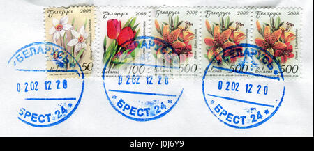 GOMEL, WEIßRUSSLAND, 11. APRIL 2017. Briefmarke gedruckt in Belarus zeigt Bild von The Narcissus Hybridus, Tulipa Gesneriana und Lilium Hybrida, circa 2008. Stockfoto