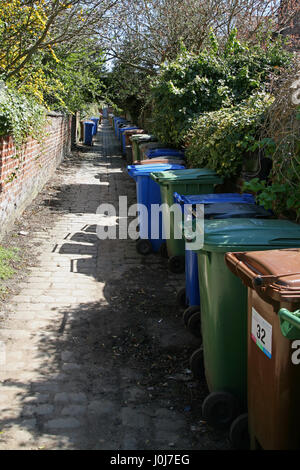 Fahrbare recycling-Behälter auf der Rückseite Gasse wartet auf Abholung in Heaton Mersey in der Nähe von Stockport Stockfoto