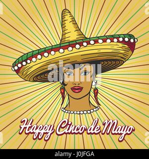 Cinco De Mayo-Poster mit Frau in Sombrero. Mexikanischer Feiertag auf der fünften kann Vorlage entwerfen. Vektor-Illustration. Stock Vektor