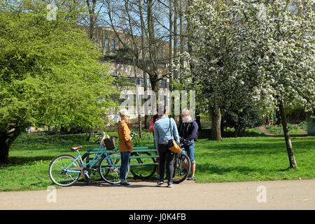 Menschen entspannen auf der sonnigen Tag genießen Frühlingsblüten im Bute Park, Cardiff Wales UK KATHY DEWITT Stockfoto