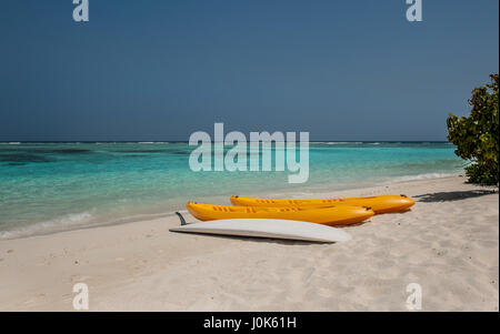 Kayak auf dem Strand .kayaks an wunderschönen tropischen Strand mit Palmen, weißer Sand, türkisfarbenes Meer und blauen Himmel bei Thinadhoo Inseln, Malediven Stockfoto