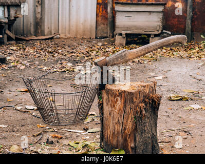 Die Axt in den Stumpf. Eine Axt mit einem hölzernen Handgriff zum Schneiden von eines Baumes zum Heizen eines Ofens. Werkzeuge-Holzfäller. Stockfoto