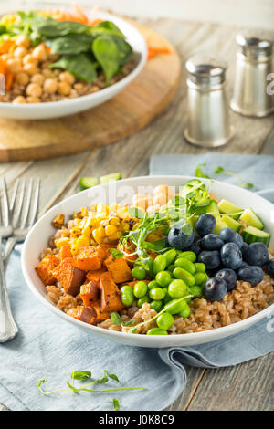 Rohe Bio gesund Buddha Schüssel mit Farro Spinat Edamame und Gurke Stockfoto