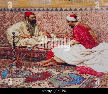 Malerei der traditionellen ägyptischen Szene zweier Männer, die das Rauchen von Wasserpfeifen (Shisha) beim Spielen Backgammon inmitten der typischen gemusterte Teppiche und Fliesen Stockfoto