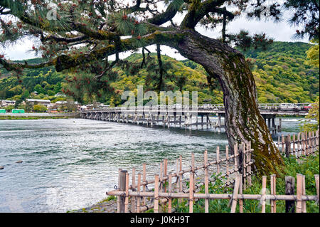 Historische Togetsu-Kyo Brücke über Katsura Fluss in Arashiyama, Kyoto, Japan Stockfoto