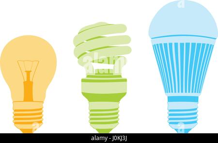 Glühbirnen eingestellt. Fortschritt der drei Generationen Glühbirne. Isolierte Vektor-illustration Stock Vektor