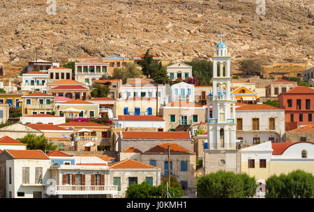 Die Stadt Chalki Chalki Insel, Dodekanes, Griechenland Stockfoto