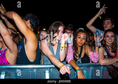 BENICASSIM, Spanien - 14 JUL: Das Publikum in einem Konzert am FIB Festival am 14. Juli 2016 in Benicassim, Spanien. Stockfoto